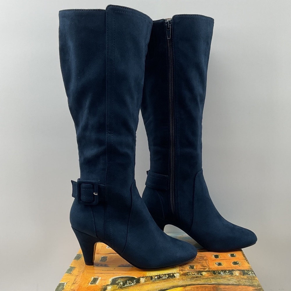 Bella Vita Womens Navy Blue Faux Suede Tall Knee High Kitten Heel Boots Size 6M